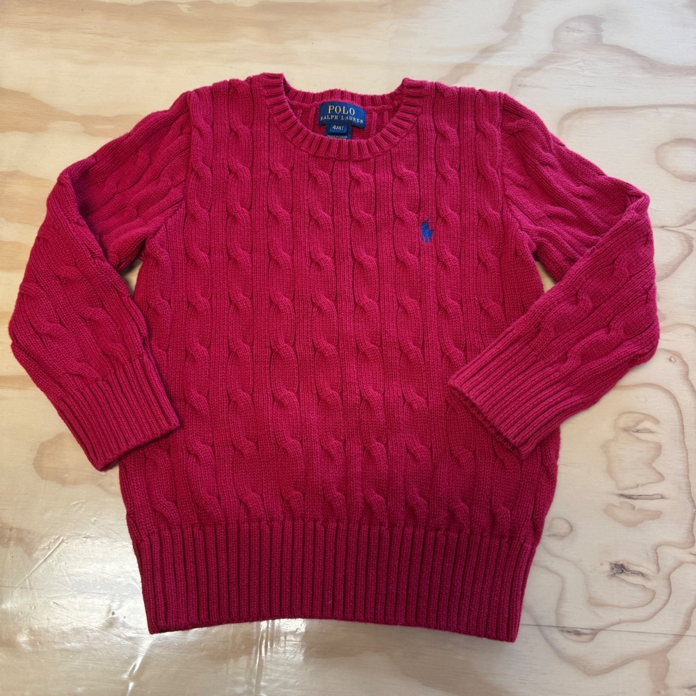 Polo Ralph Lauren Kids Red Cable Knit Cotton‎ Sweater Crewneck Size 4 4T Pony